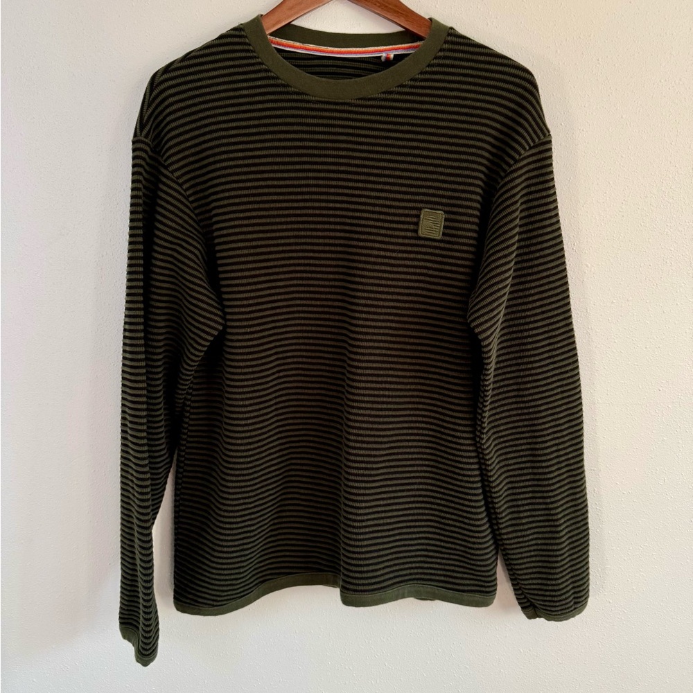 Laguna Mens Olive Black Striped Long Sleeve Crewneck Shirt Size M